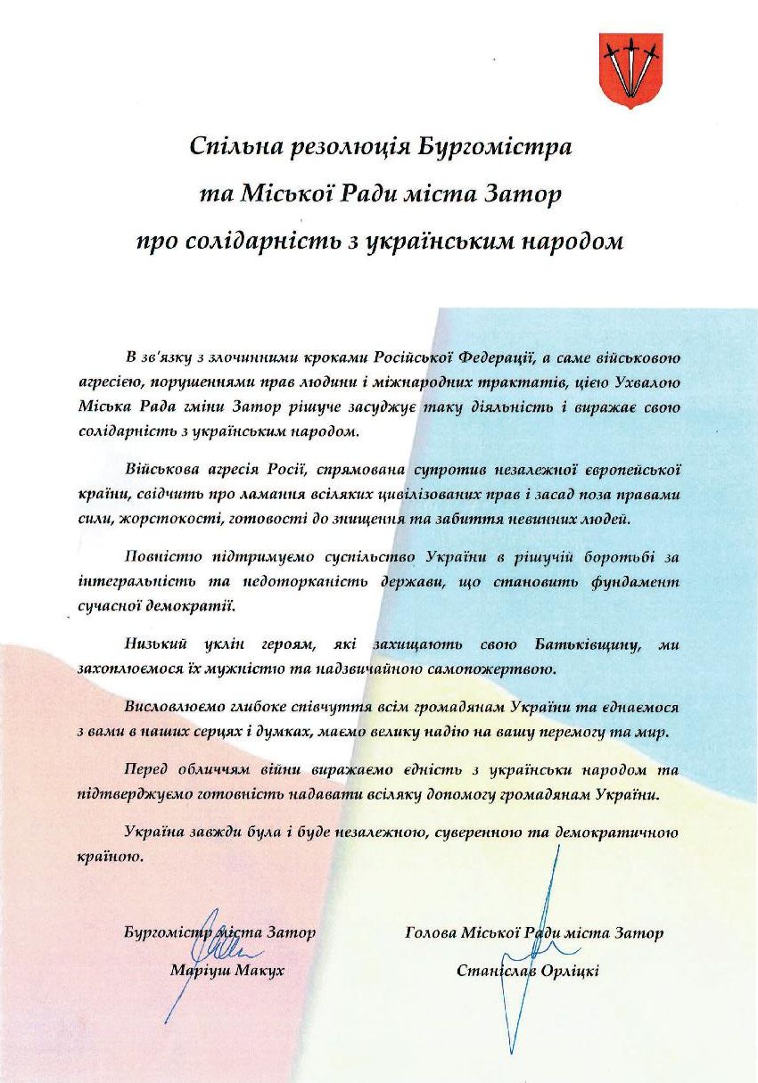 Rezolucja Burmistrza Zatora i Rady miejskiej w języku ukraińskim - obrazek z treścią niedostępną dla osób z niepełnosprawnościami wzroku